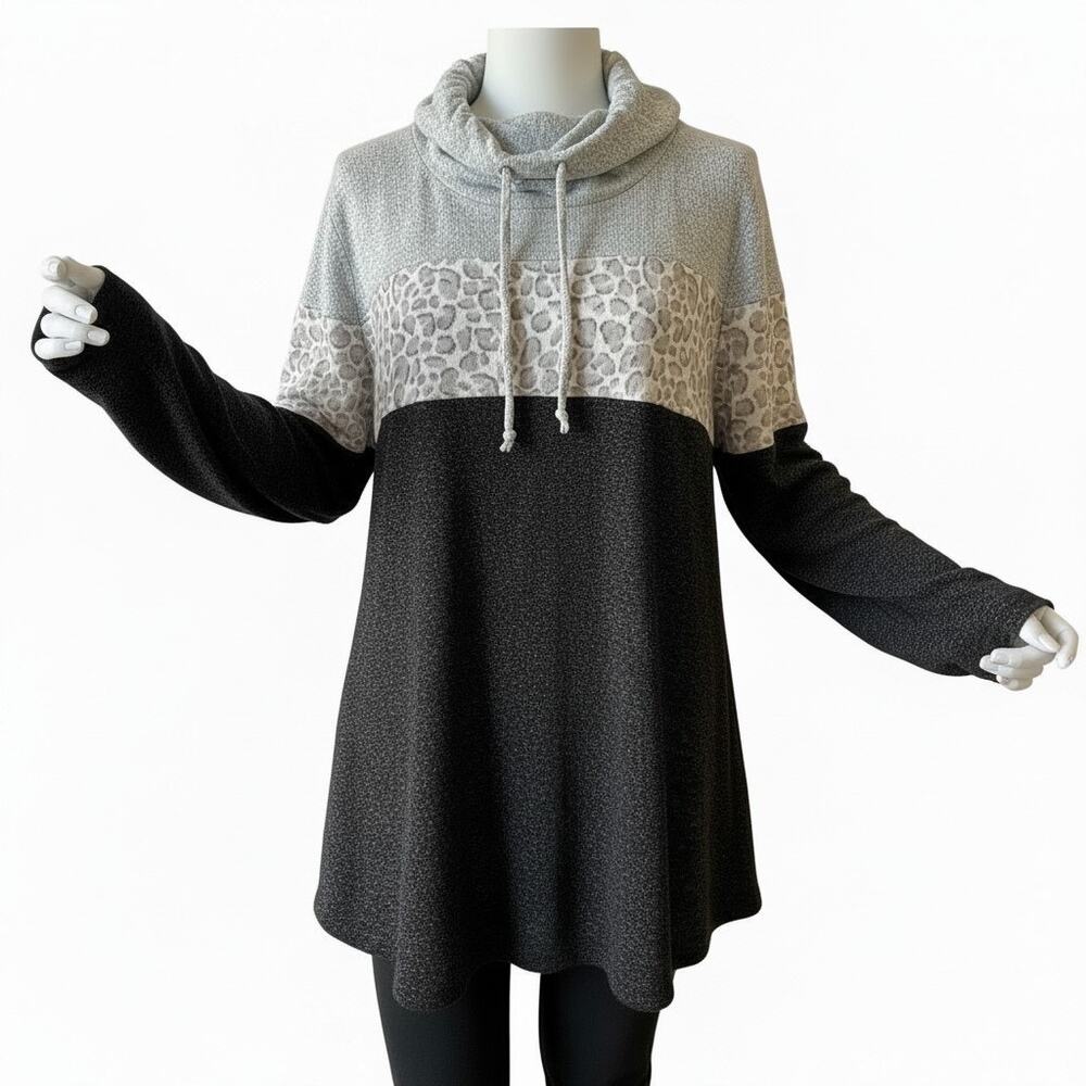 Market & Spruce Leopard Colorblock Cowl Neck Tunic Sweater XXL